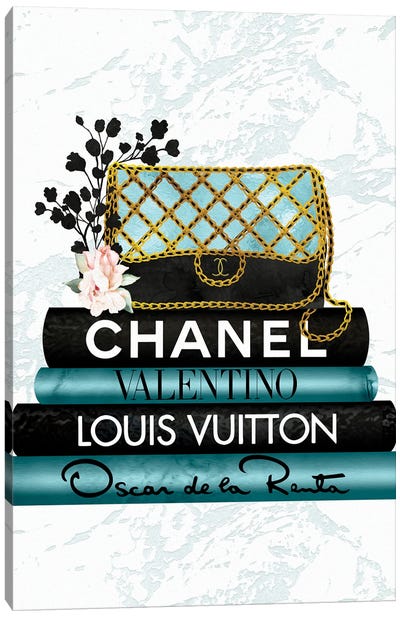 Turquoise & Black Quilted Fashion Hand Bag On Black & Turquoise Fashion Books Canvas Art Print - Louis Vuitton Art