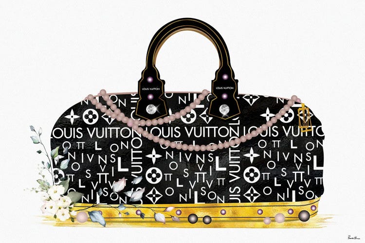 Black And Gold Fashion Duffle Bag With Florals & Pearls