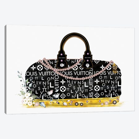 Black And Gold Fashion Duffle Bag With Florals & Pearls Canvas Print #POB543} by Pomaikai Barron Art Print