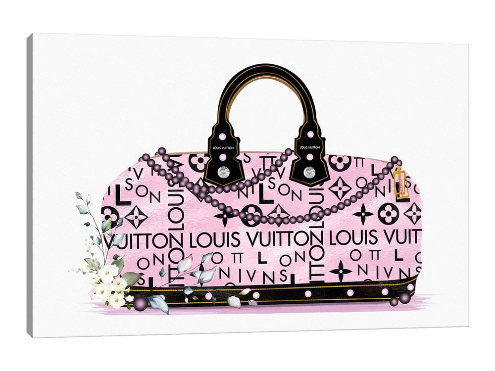 Pomaikai Barron Large Canvas Art Prints - Pink and Black Fashion Duffle Bag with Florals & Pearls ( Fashion > Fashion Brands > Louis Vuitton art) 