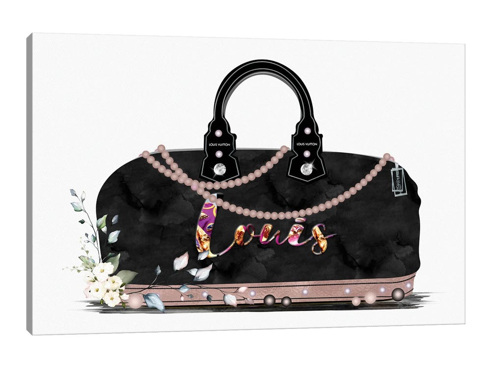 Pomaikai Barron Large Canvas Art Prints - Pink and Black Fashion Duffle Bag with Florals & Pearls ( Fashion > Fashion Brands > Louis Vuitton art) 