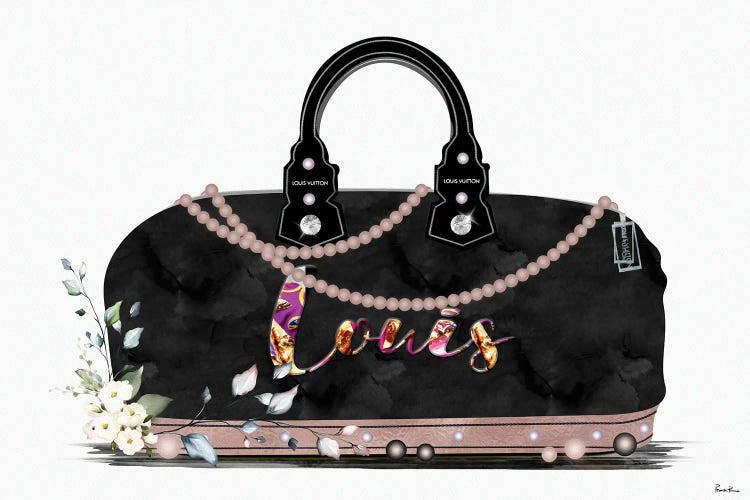 Black And Tan Fashion Duffle Bag With Florals & Pearls