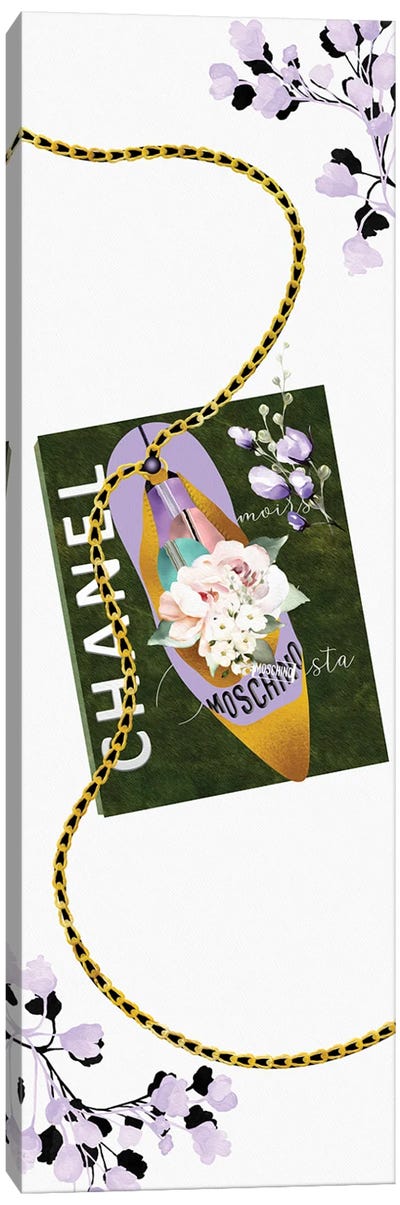 Lavender & Gold High Heel Bag With Roses & Macarons On A Sage Green Fashion Book Canvas Art Print - Book Art