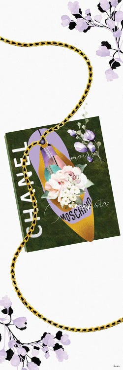 Lavender & Gold High Heel Bag With Roses & Macarons On A Sage Green Fashion Book