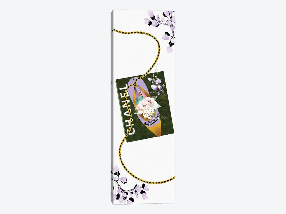 Lavender & Gold High Heel Bag With Roses & Macarons On A Sage Green Fashion Book by Pomaikai Barron 1-piece Canvas Wall Art