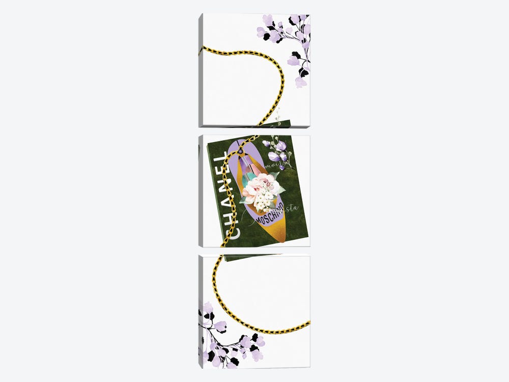 Lavender & Gold High Heel Bag With Roses & Macarons On A Sage Green Fashion Book by Pomaikai Barron 3-piece Canvas Art