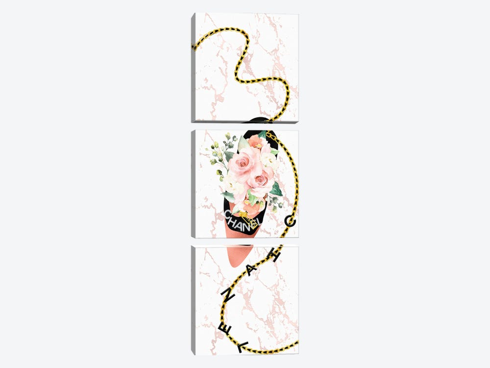 Black & Rose Gold High Heel Bag With Blush Pink Roses by Pomaikai Barron 3-piece Canvas Artwork