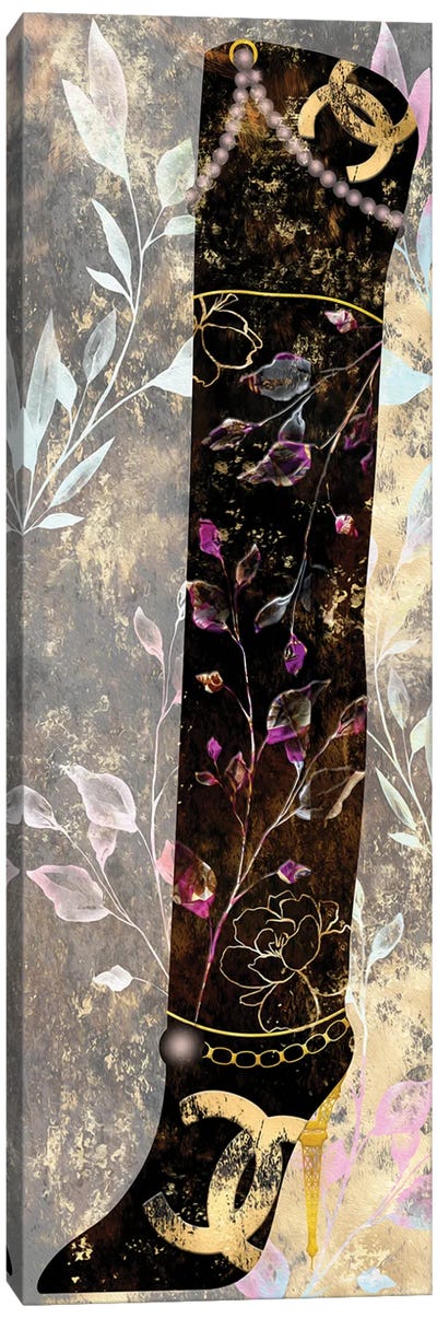 Gilded Grunge Thigh High Boot With Pearls & Colorful Botanicals Canvas Art Print - High Heel Art