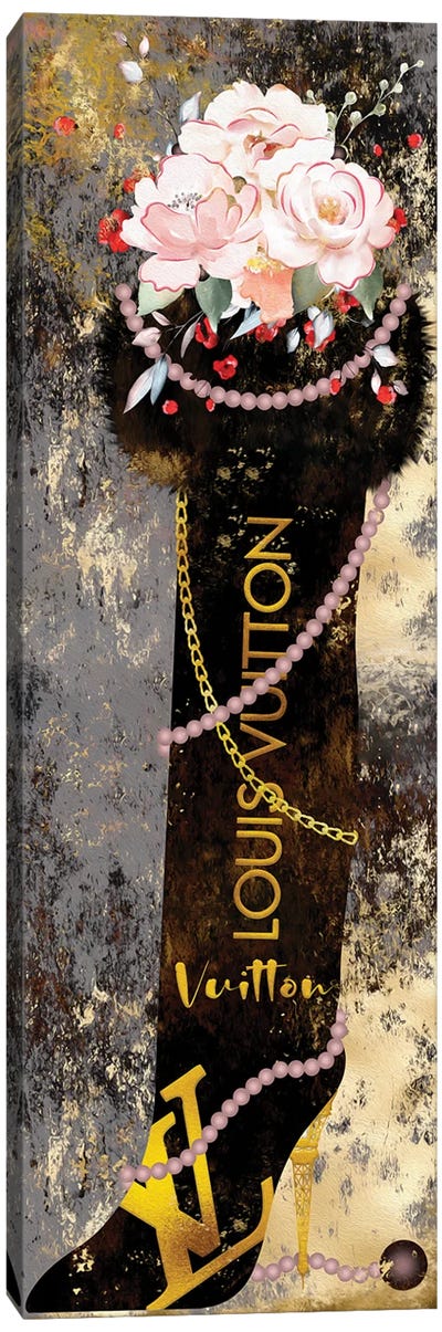 Gilded Grunge Furry Thigh High Boot With Blushed Roses & Pearls Canvas Art Print - Boots