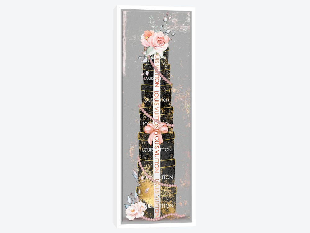 Framed Canvas Art (White Floating Frame) - Louis Dark Brown & Black Checkered Shopping Bag with Roses by Pomaikai Barron ( Hobbies & lifestyles >