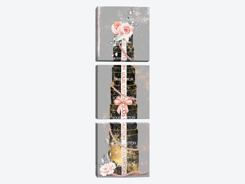 Pretty Grunged Black & Gold Stacked Fashion Boxes With Blushed Roses by Pomaikai Barron 3-piece Canvas Print