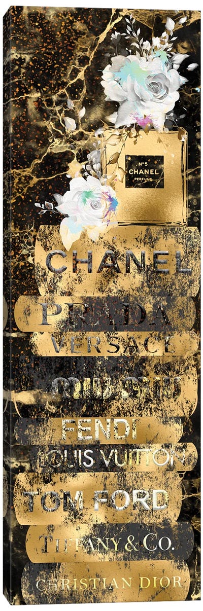 Gold Grunge Fashion Book Stack With Perfume Bottle & Roses Canvas Art Print - Prada