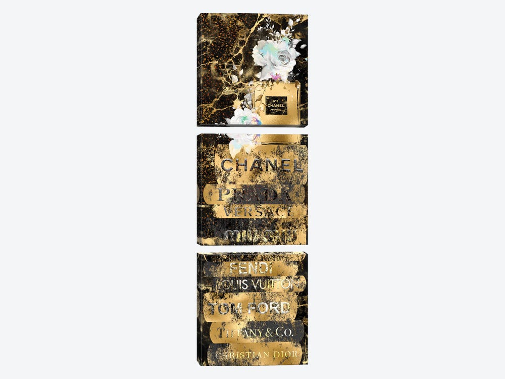 Gold Grunge Fashion Book Stack With Perfume Bottle & Roses by Pomaikai Barron 3-piece Art Print