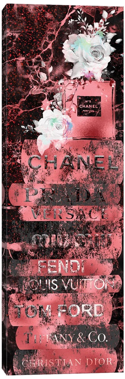 Red Gold Grunge Fashion Book Stack With Perfume Bottle & Roses Canvas Art Print - Pomaikai Barron