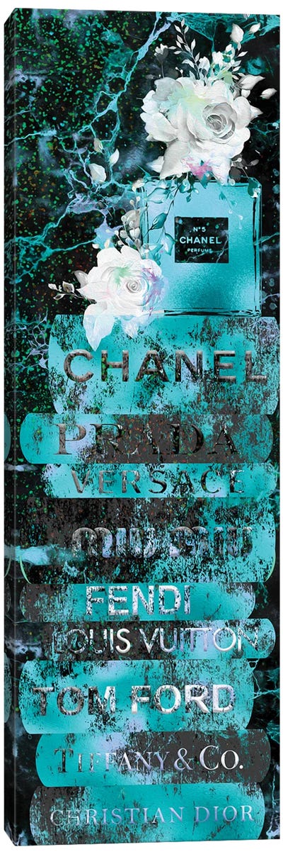 Aqua Blue Grunge Fashion Book Stack With Perfume Bottle & Roses Canvas Art Print - Rose Art