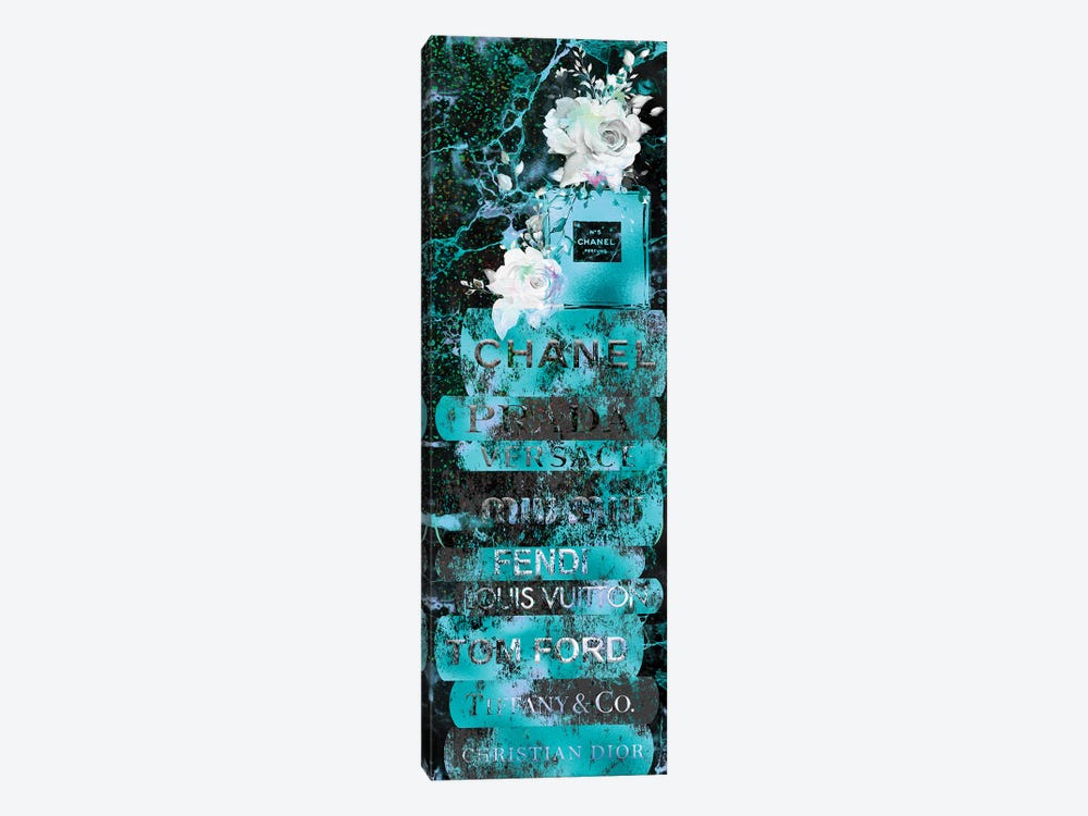 Aqua Blue Grunge Fashion Book Stack With Perfume Bottle & Roses by Pomaikai Barron 1-piece Canvas Wall Art
