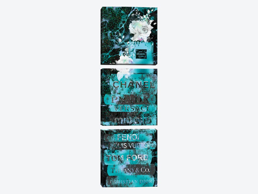 Aqua Blue Grunge Fashion Book Stack With Perfume Bottle & Roses by Pomaikai Barron 3-piece Canvas Artwork