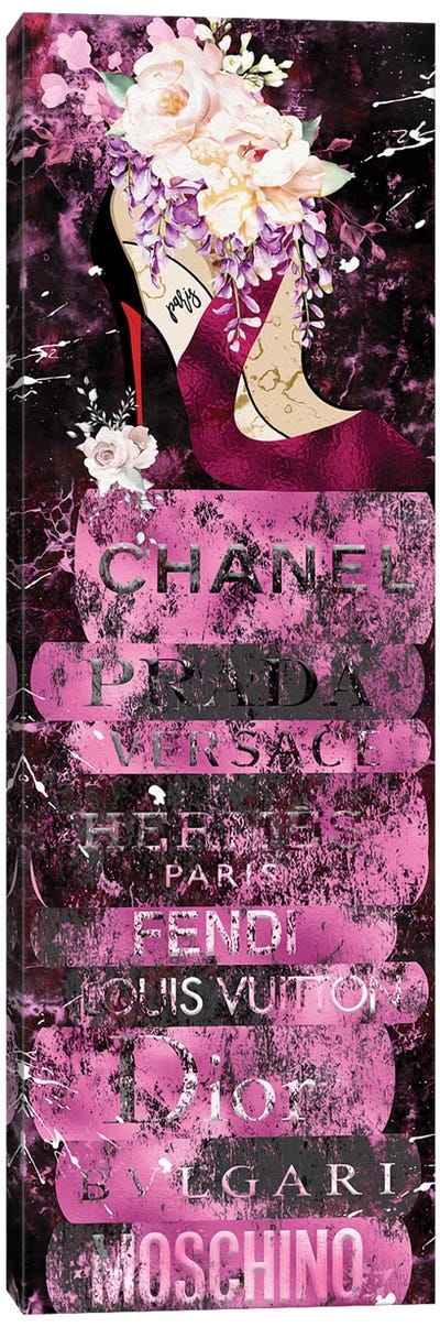 Magenta Red Bottom High Heel With Rose Bouquet On Pink Grunged Fashion Books Canvas Art Print - Fendi Art