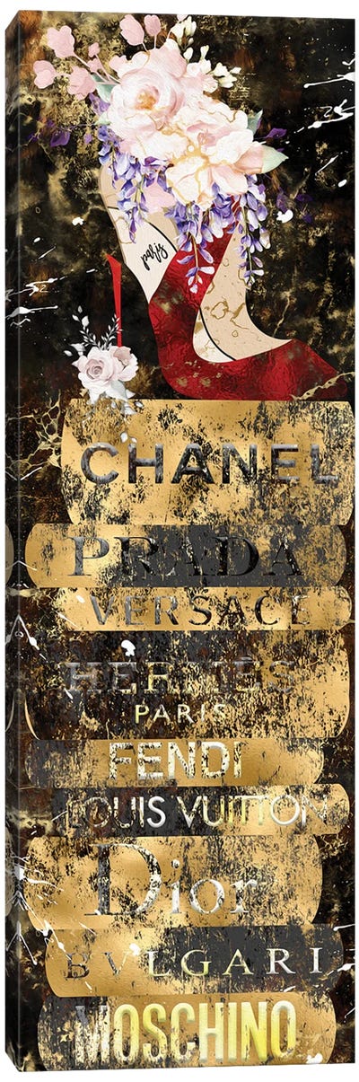 Crimson Red Bottom High Heel With Rose Bouquet On Gold Grunged Fashion Books Canvas Art Print - Hermès Art