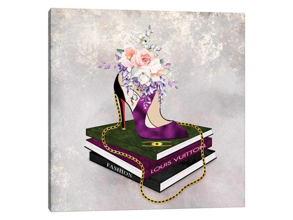 iCanvas Grunged Purple High Heel Vase On Black & Purple Fashion