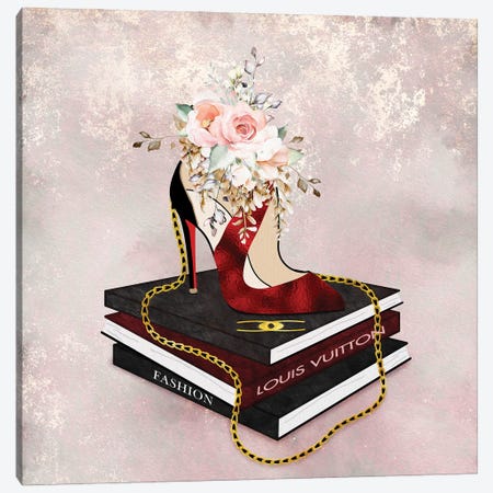 Framed Canvas Art (Champagne) - Fashion Bookstack Grey Bow Shoes & Ink by Amanda Greenwood ( Fashion > Shoes > High Heels art) - 26x18 in