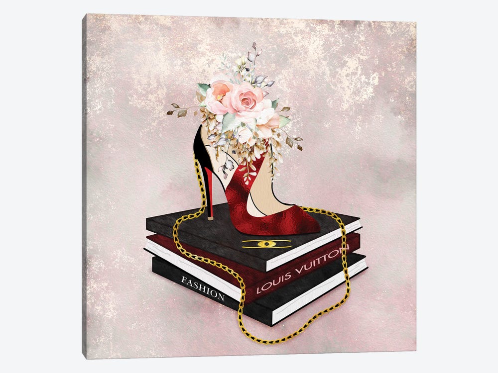 Framed Canvas Art (Gold Floating Frame) - Pink Bow Red Bottom High Heels on Pink & Black Fashion Books by Pomaikai Barron ( Fashion > Fendi art) 