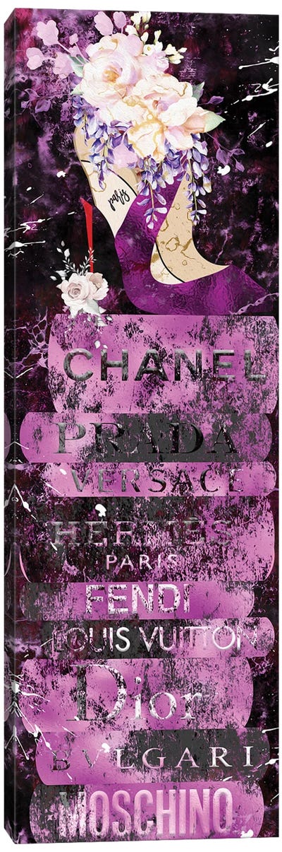 Grunged Purple High Heel Vase On Black & Purple Fashion Books Canvas Art Print - Book Art