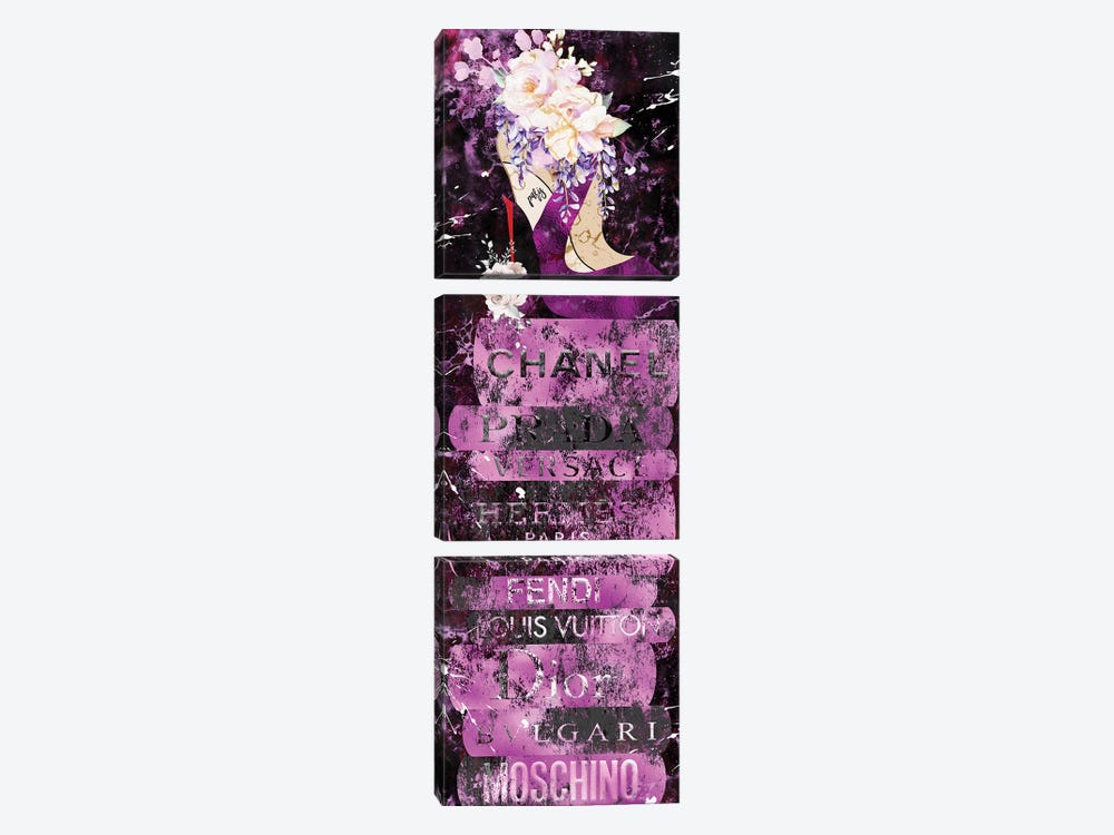 Grunged Purple High Heel Vase On Black & Purple Fashion Books by Pomaikai Barron 3-piece Canvas Artwork