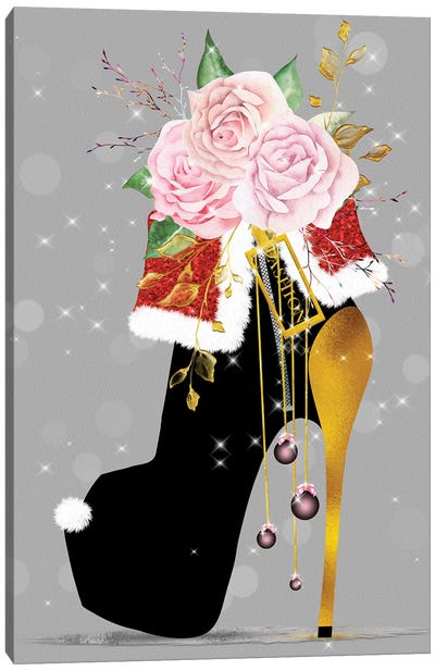 Black & Gold Christmas High Heel With Pink Blush Roses Canvas Art Print - Seasonal Glam