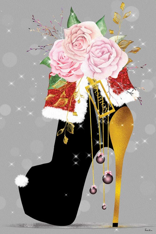 Black & Gold Christmas High Heel With Pink Blush Roses