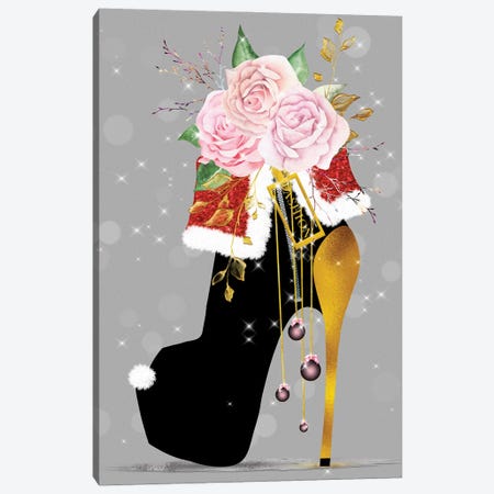 Black & Gold Christmas High Heel With Pink Blush Roses Canvas Print #POB584} by Pomaikai Barron Canvas Art