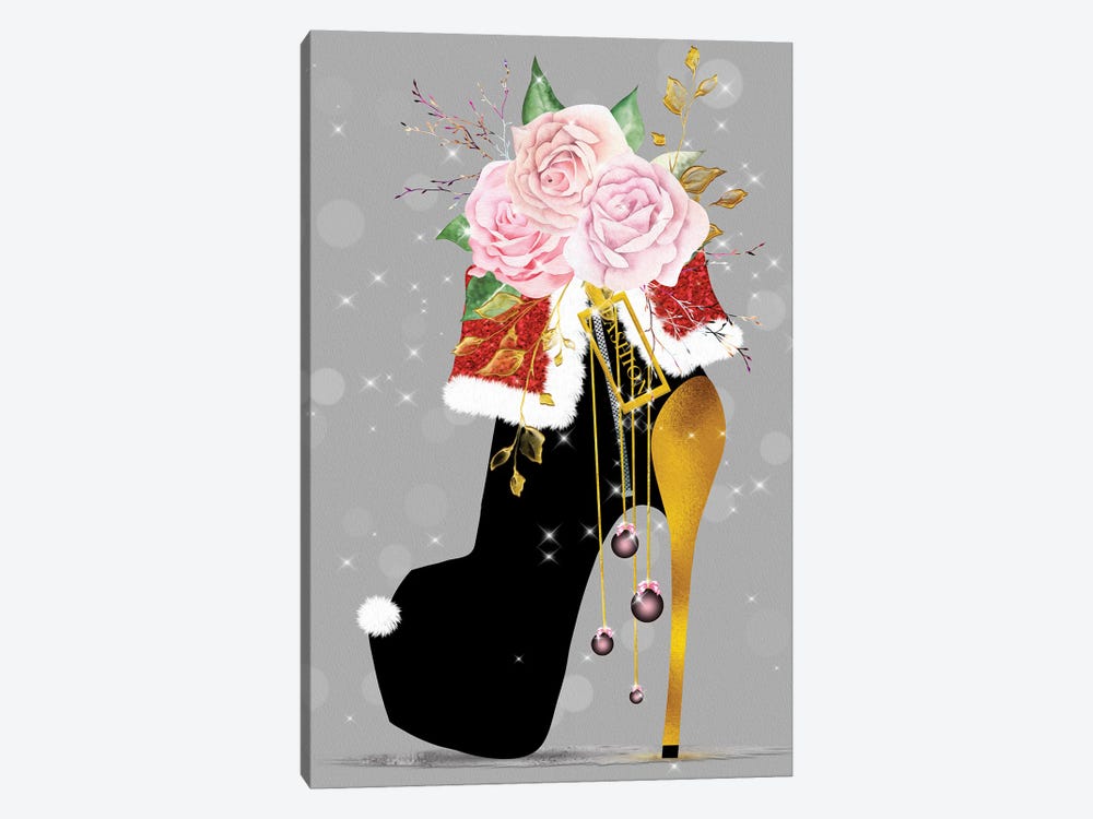 Black & Gold Christmas High Heel With Pink Blush Roses by Pomaikai Barron 1-piece Canvas Wall Art