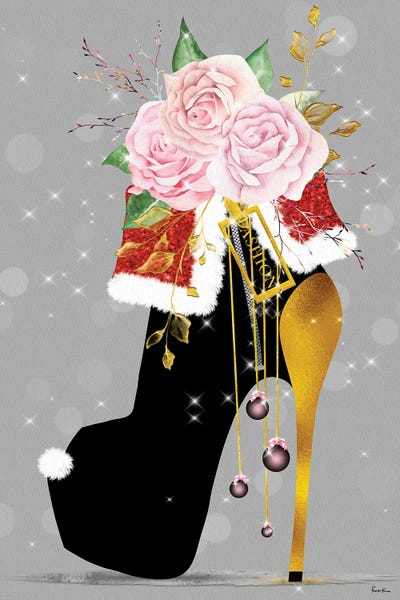 Seasonal Glam: Black & Gold Christmas High Heel With Pink Blush Roses by Pomaikai Barron