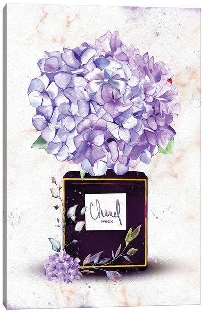 Deep Purple Perfume Bottle With Purple Hydrangeas Canvas Art Print - Perfume Bottle Art