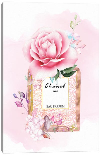 Rose Gold Perfume Bottle With Pink Blush Florals Canvas Art Print - Perfume Bottle Art