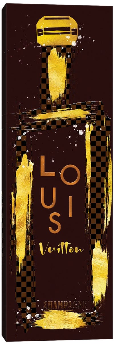 Gold & Checker Board Grunged Louis Champagne Bottle Canvas Art Print - Champagne Art