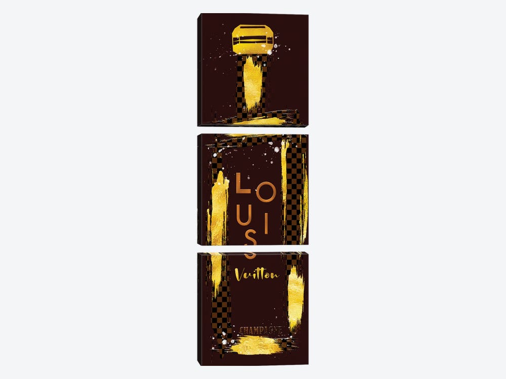 Gold & Checker Board Grunged Louis Champagne Bottle by Pomaikai Barron 3-piece Canvas Wall Art
