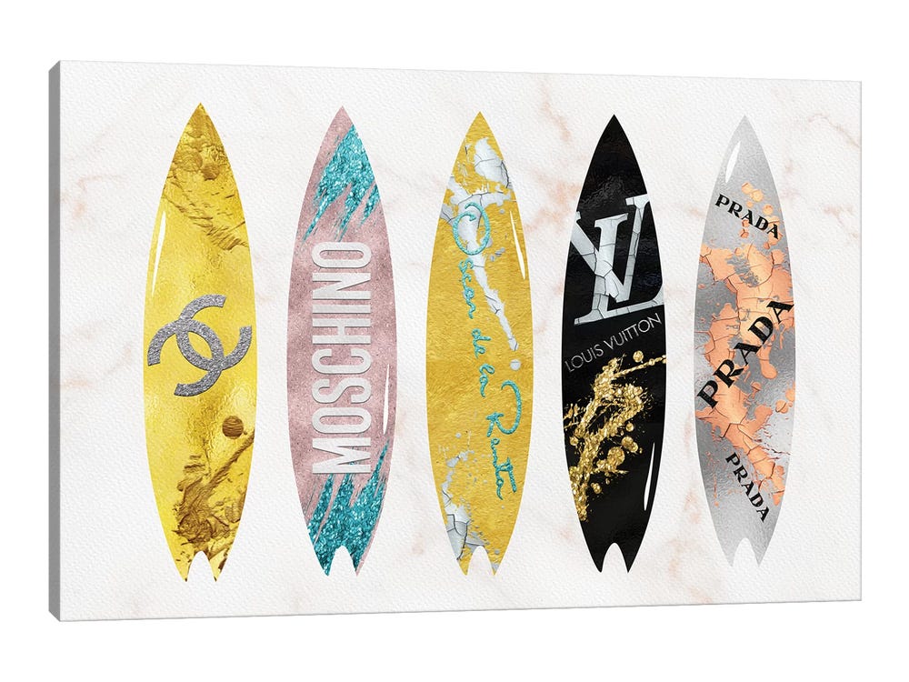 Framed Canvas Art (Champagne) - Best of The Best Fashion Surfboards by Pomaikai Barron ( Fashion > Prada art) - 18x26 in