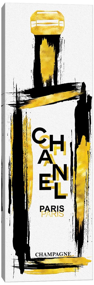 Black & Gold Grunged Chanel Champagne Bottle Canvas Art Print - Champagne Art