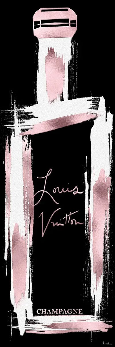 Rose Gold & White On Black Grunged Louis Champagne Bottle by Pomaikai Barron framed canvas print