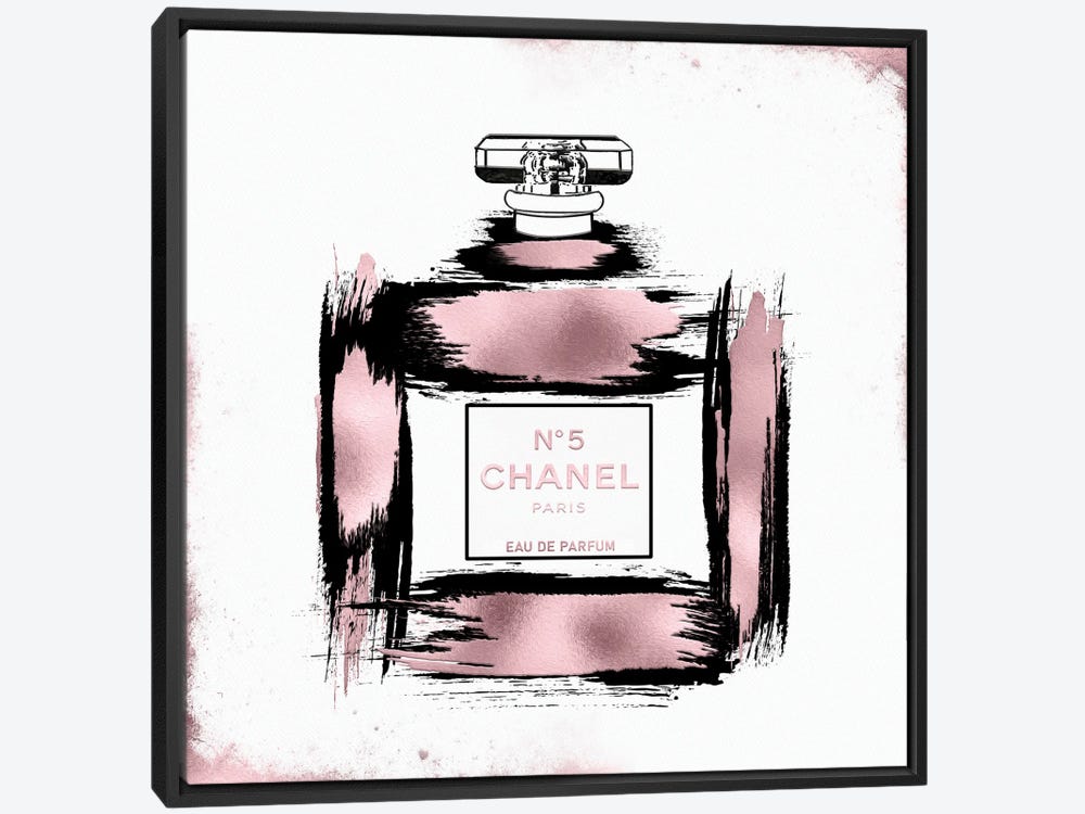 Framed Canvas Art - Black & Rose Gold Grunged No5 Paris Perfume Bottle by Pomaikai Barron ( Fashion > Hair & Beauty > Perfume Bottles art) - 26x26 in