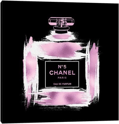 Metallic Pink & White On Black Grunged No5 Paris Perfume Bottle Canvas Art Print - Perfume Bottle Art