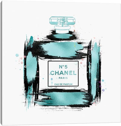 Soft Blue & Black Paint Stroked No5 Perfume Bottle Canvas Art Print - Perfume Bottle Art
