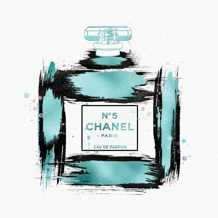 Framed Canvas Art - Soft Blue & Black Paint Stroked No5 Perfume Bottle by Pomaikai Barron ( Fashion > Hair & Beauty > Perfume Bottles art) - 18x18 in