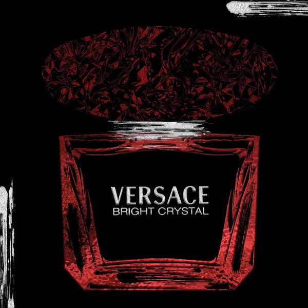 Versace: Bright Crystal Red Perfume Bottle On Black by Pomaikai Barron