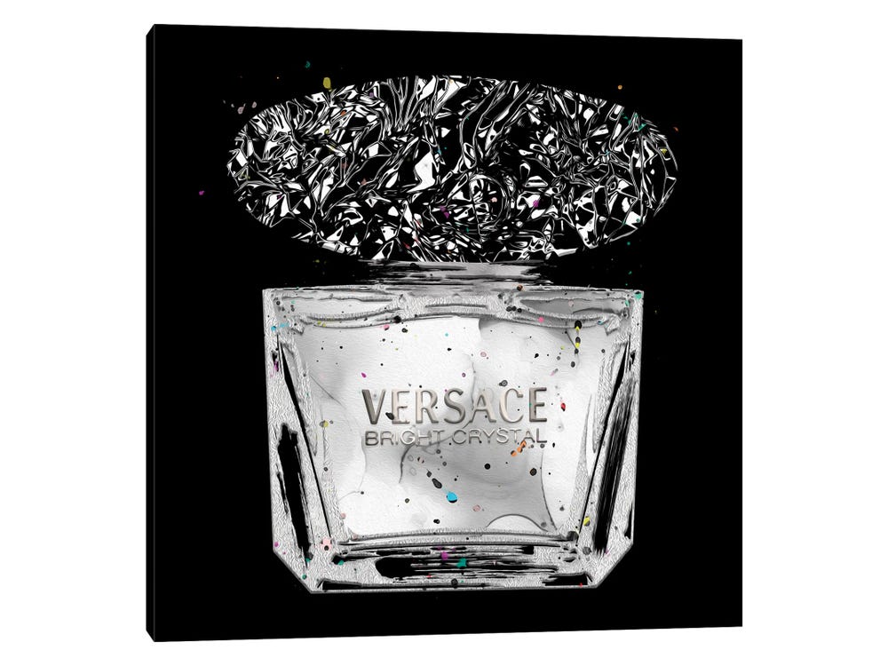 Framed Canvas Art (White Floating Frame) - Bright Crystal All Silver Perfume Bottle on Black by Pomaikai Barron ( Fashion > Fashion Brands > Versace