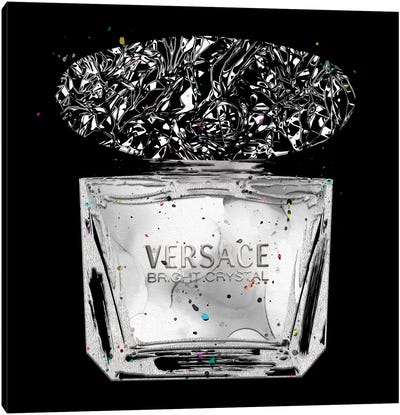 Bright Crystal All Silver Perfume Bottle On Black Canvas Art Print - Beauty & Spa