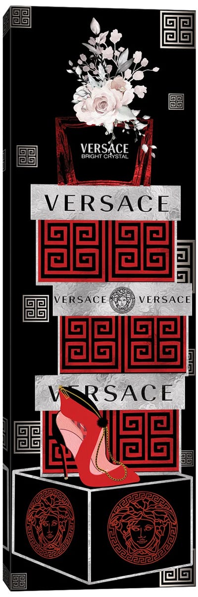 Red & Silver Perfume Bottle On Fashion Boxes With Red Heel Bag Canvas Art Print - Versace