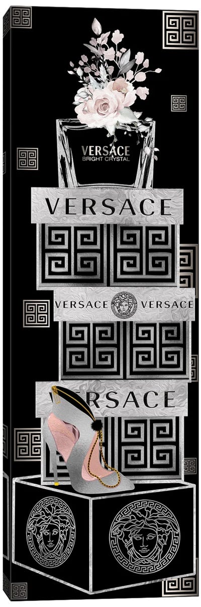 Silver & Black Perfume Bottle On Fashion Boxes With Silver Heel Bag Canvas Art Print - Versace Art