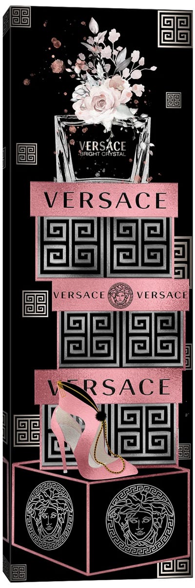 Silver & Rose Perfume Bottle On Fashion Boxes With Rose Heel Bag Canvas Art Print - Versace Art